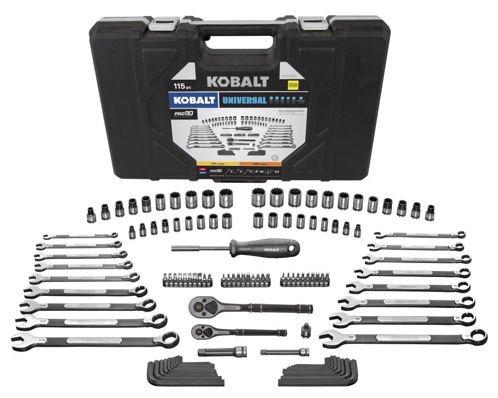 Kobalt Mechanics Tool Sets Universal 115-Piece Standard (SAE) and Metric Combination Matte Mechanics Tool Set (1/4-in; 3/8-in) 1 Kobalt Mechanics Tool Sets Universal 115-Piece Standard (SAE) and Metric Combination Matte Mechanics Tool Set (1/4-in; 3/8-in)