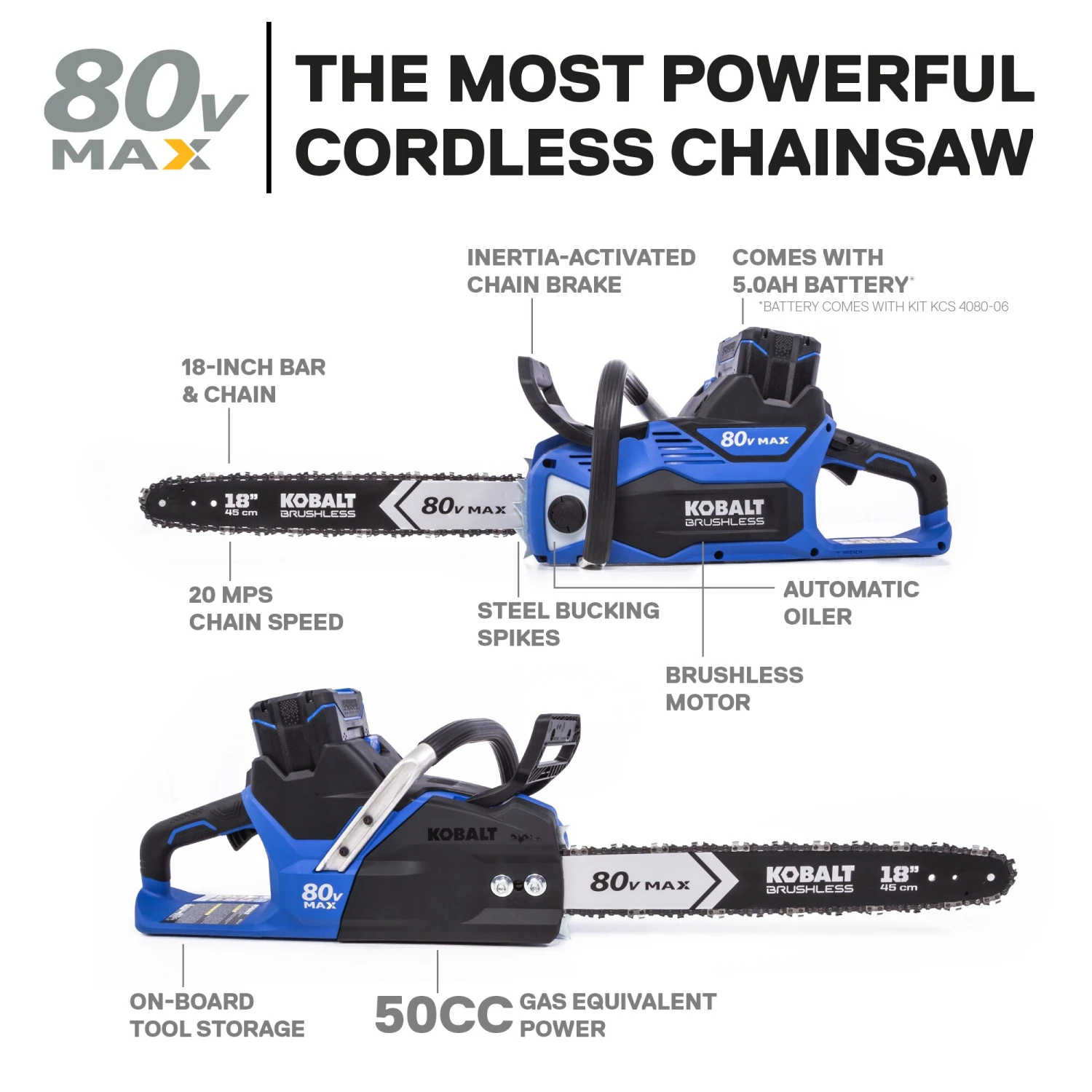 Kobalt Cordless Electric Chainsaws 80-Volt Max 18-in Brushless Cordless Electric Chainsaw 5 Ah (Battery & Charger Included) 2 Kobalt Cordless Electric Chainsaws 80-Volt Max 18-in Brushless Cordless Electric Chainsaw 5 Ah (Battery & Charger Included) - Image 2