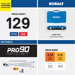Kobalt Mechanics Tool Sets 129-Piece Standard (SAE) and Metric Combination Polished Chrome Mechanics Tool Set (1/4-in; 3/8-in) -Daily Home Tools Hub 17783413