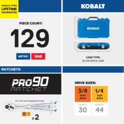 Kobalt Mechanics Tool Sets 129-Piece Standard (SAE) and Metric Combination Polished Chrome Mechanics Tool Set (1/4-in; 3/8-in) -Daily Home Tools Hub 17783413 scaled